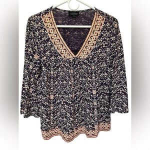 Lucky Brand Top Tunic Printed V-Neck Bell Sleeve Purple Boho Blouse